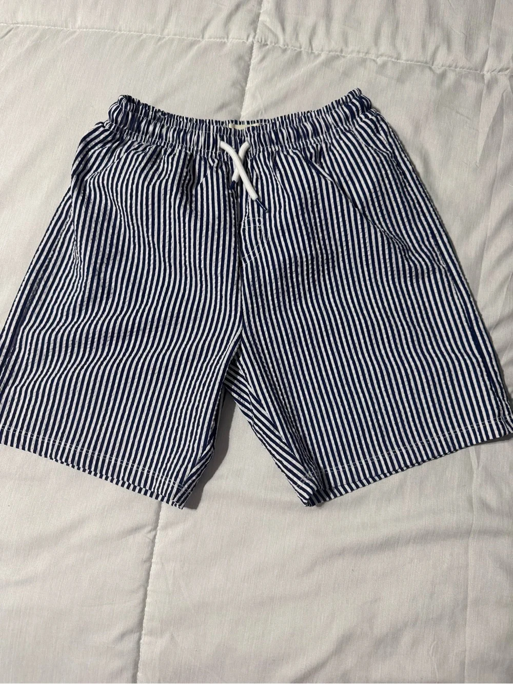 Navy and White Striped Elastic Waist Shorts